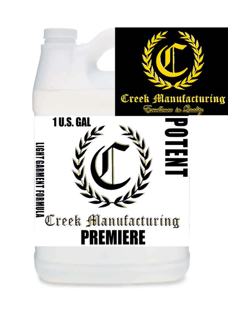Creek Premiere POTENT Premiere Light DTG Pretreat by DTG Printer Parts, white bottle, black gold crest, bold PREMIERE label