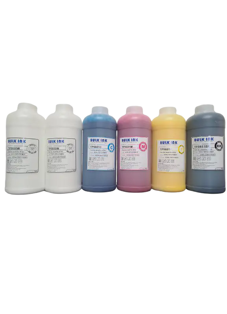 InkBank 5602 Quality DTF DIRECT TO FILM INKS in white, blue, pink, yellow, gray bottles; vivid pigments for DTG Printer Parts