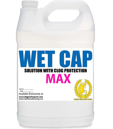 Wet Cap Max Solution With Clog Protection & Moisturizing white plastic bottle, blue WET CAP, pink MAX, DTG Printer Parts.