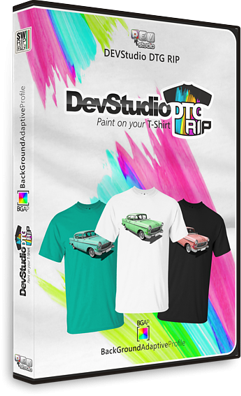 Dev Studio RIP Epson F2100 Creek Edition DTG Printer Parts: box art with teal, pink, green splash, bright glossy finish, tees