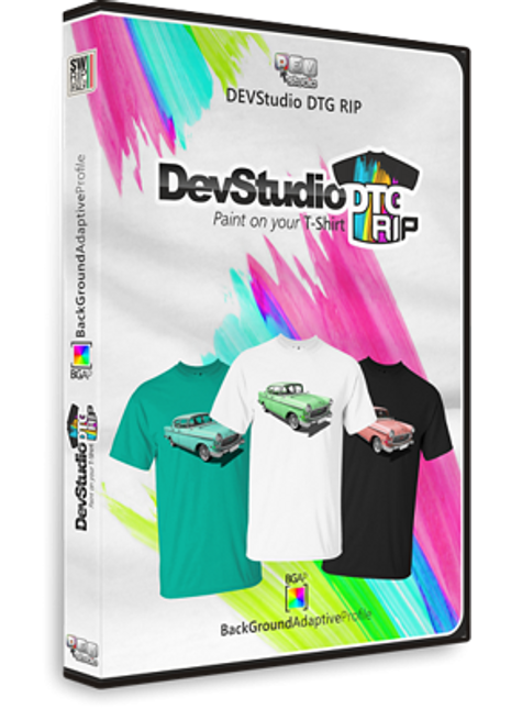 Dev Studio RIP Epson F2100 Creek Edition DTG Printer Parts: box art with teal, pink, green splash, bright glossy finish, tees