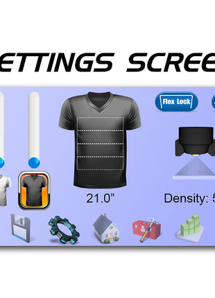 A digital graphic titled 'SETTINGS SCREEN' showing a stylized user interface layout with a black V-neck t-shirt at center, two white cylindrical objects with blue ends, a small white t-shirt, an orange-and-black garment icon, a black cap-like object, a blue 'Flex Lock' badge, a blue 'S' badge, and other small interface icons on a light lavender panel.