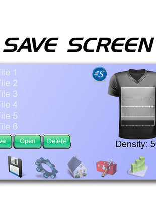 A digital graphic showing a software interface labeled 'SAVE SCREEN' with a preview of a t-shirt pattern layout, file list icons, green save/open/delete buttons, and a light blue background.