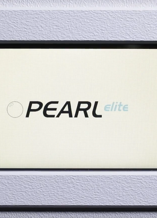 A close-up of a textured light gray panel with a central square inset displaying the brand name 'PEARL elite' in black and blue text on a pale cream background.