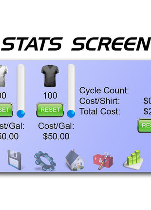 A digital screenshot-style graphic titled 'STATS SCREEN' showing a light purple interface with shirt quantity sliders, green RESET buttons, cost/gal values, and small icons along the bottom.