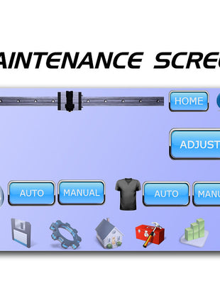 A digital schematic or screenshot of a maintenance screen interface with various buttons, icons, and controls on a light purple background.
