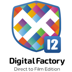 Digital Factory Direct to Film Edition logo featuring a colorful shield with a white X and a blue badge with '12', above the text 'Digital Factory' and 'Direct to Film Edition' on a white background.