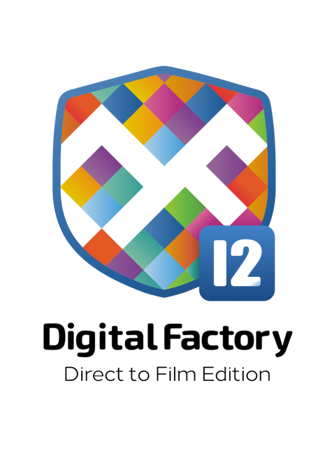 Digital Factory Direct to Film Edition logo featuring a colorful shield with a white X and a blue badge with '12', above the text 'Digital Factory' and 'Direct to Film Edition' on a white background.