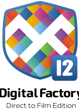 Digital Factory Direct to Film Edition logo featuring a colorful shield with a white X and a blue badge with '12', above the text 'Digital Factory' and 'Direct to Film Edition' on a white background.