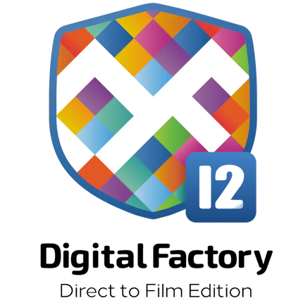 Digital Factory Direct to Film Edition logo featuring a colorful shield with a white X and a blue badge with '12', above the text 'Digital Factory' and 'Direct to Film Edition' on a white background.
