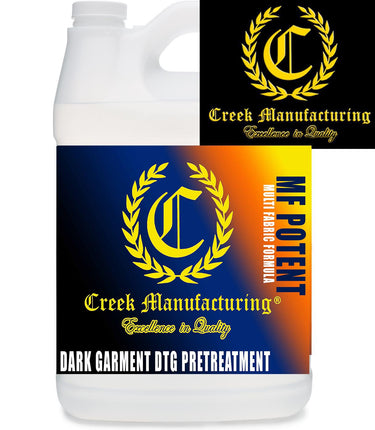 Creek MF-Multi Fabric POTENT DARK Garment DTG Pretreat jug blueorange label, yellow crest and DTG Printer Parts branding
