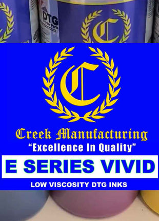 Creek Manufacturing ink bottles with logo and text on a blue background
