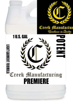 Creek Premiere POTENT Premiere Light DTG Pretreat by DTG Printer Parts, white bottle, black gold crest, bold PREMIERE label