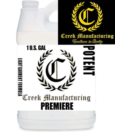Creek Premiere POTENT Premiere Light DTG Pretreat by DTG Printer Parts, white bottle, black gold crest, bold PREMIERE label
