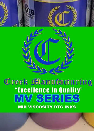 Bottles of Creek Manufacturing DTG inks with a green banner displaying the brand logo and text.