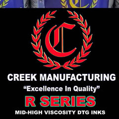Creek Manufacturing ink bottles with logo and text on a black background