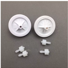 DTG/DTF Ink Filter White + CMYK by DTG Printer Parts: white plastic wheels with cross spokes and tiny fittings for flow ink