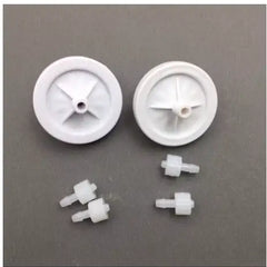DTG/DTF Ink Filter White + CMYK by DTG Printer Parts: white plastic wheels with cross spokes and tiny fittings for flow ink