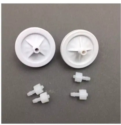 DTG/DTF Ink Filter White + CMYK by DTG Printer Parts: white plastic wheels with cross spokes and tiny fittings for flow ink