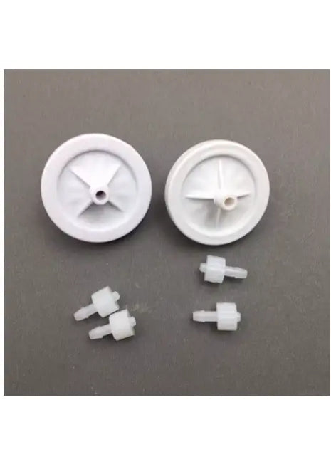 DTG/DTF Ink Filter White + CMYK by DTG Printer Parts: white plastic wheels with cross spokes and tiny fittings for flow ink