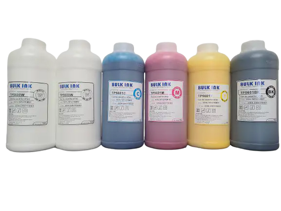 InkBank 5602 Quality DTF DIRECT TO FILM INKS in white, blue, pink, yellow, gray bottles; vivid pigments for DTG Printer Parts