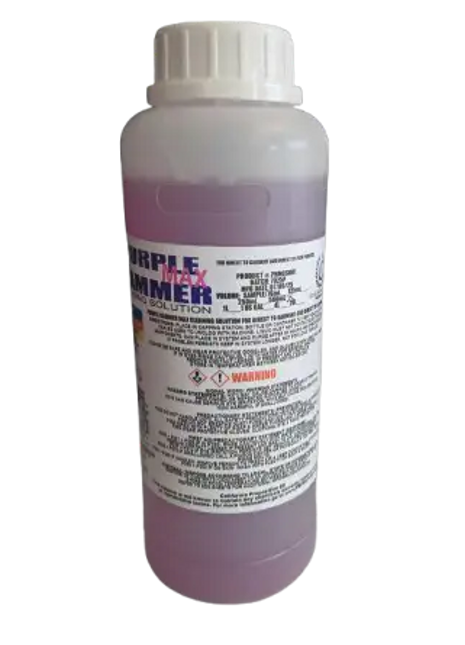 DTG Printer Parts Purple Hammer MAX Print head Aggressive Cleaning Solution bottle with purple liquid in a white bottle.