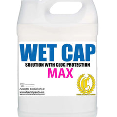 Wet Cap Max Solution With Clog Protection & Moisturizing white plastic bottle, blue WET CAP, pink MAX, DTG Printer Parts.