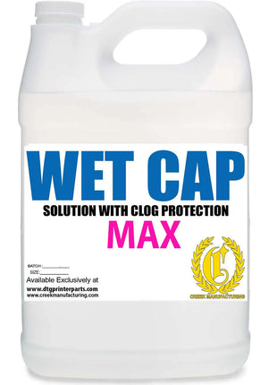 Wet Cap Max Solution With Clog Protection & Moisturizing white plastic bottle, blue WET CAP, pink MAX, DTG Printer Parts.