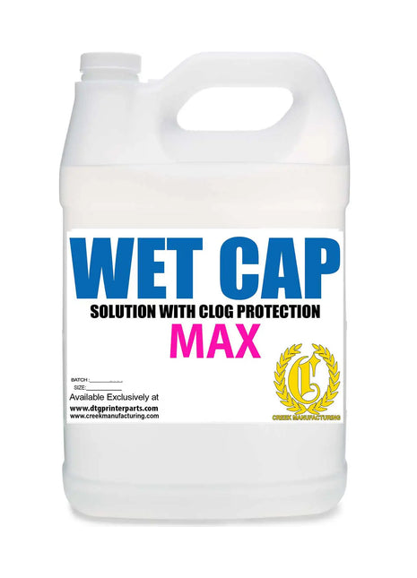 Wet Cap Max Solution With Clog Protection & Moisturizing white plastic bottle, blue WET CAP, pink MAX, DTG Printer Parts.