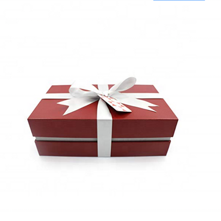 Gifted Items red textured gift box with white satin ribbon, bow, and gift tag; DTG Printer Parts branding. glossy lid, bow.