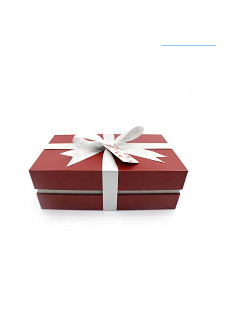 Gifted Items red textured gift box with white satin ribbon, bow, and gift tag; DTG Printer Parts branding. glossy lid, bow.