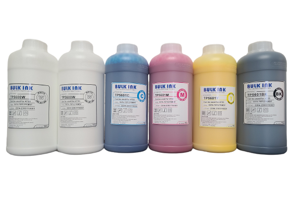 InkBank 5602 Quality DTF DIRECT TO FILM INKS in white, blue, pink, yellow, gray bottles; vivid pigments for DTG Printer Parts